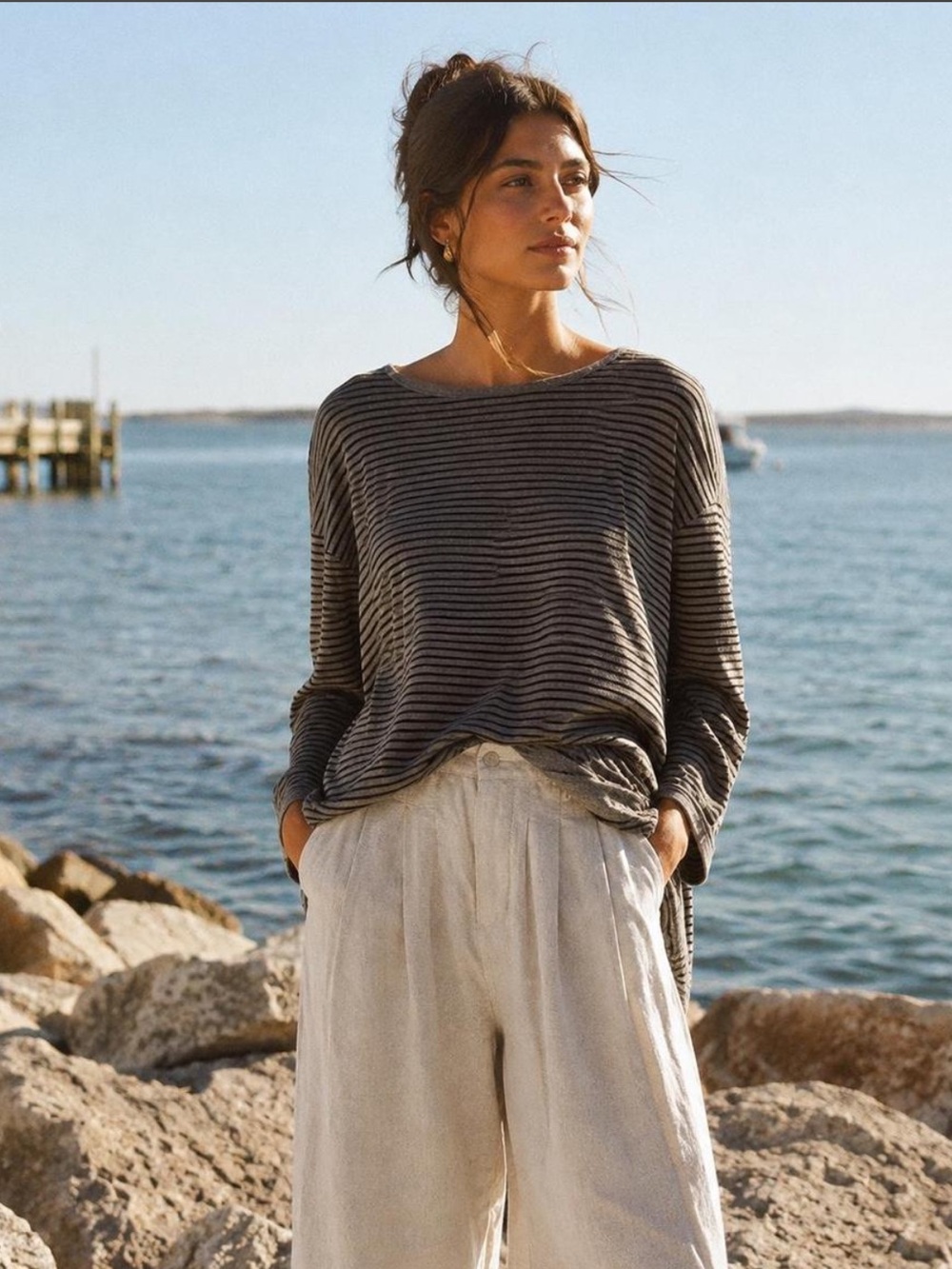 Eileen Fisher Striped Tunic Top Gray Black Soft Minimalist Neutral Capsule Knit